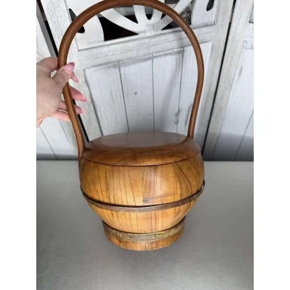 Antique Chinese Wooden Wedding Basket Handle And Lid Wood Asian Decor VTG